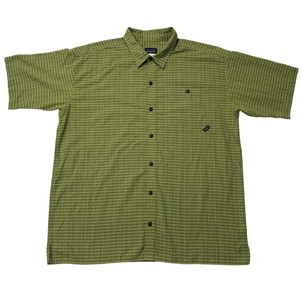 Patagonia Mens XL Green Micro Check Seersucker Short Sleeve Button Down Shirt